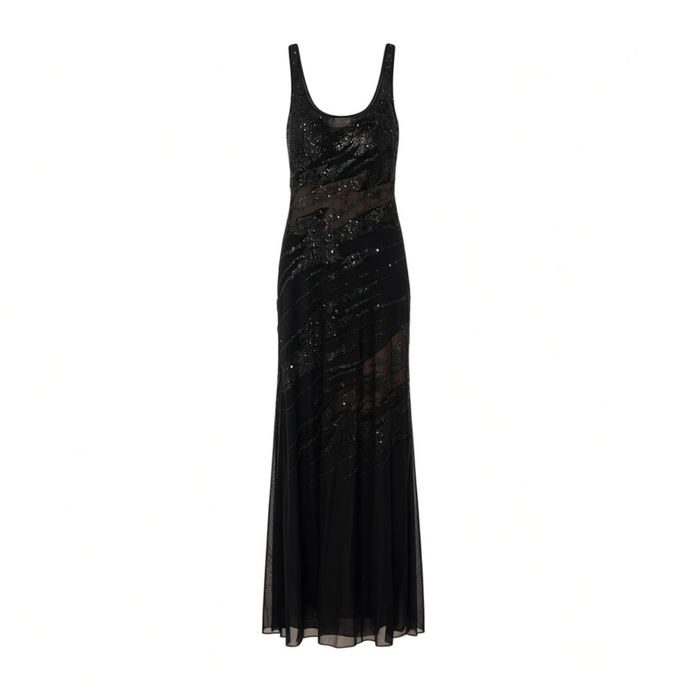 Caché Black Sequin Sleeveless V-Neck Godet Maxi Dress Size 10